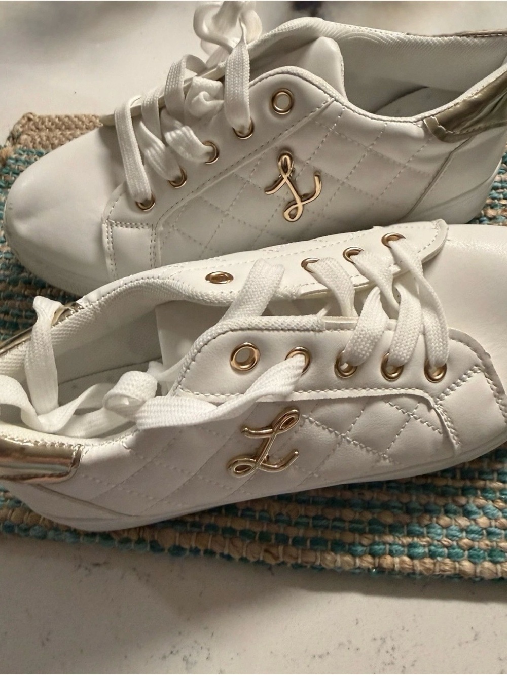 Women's White Quilted Lace-Up Sneakers with Gold Trim - Picture 2 of 3